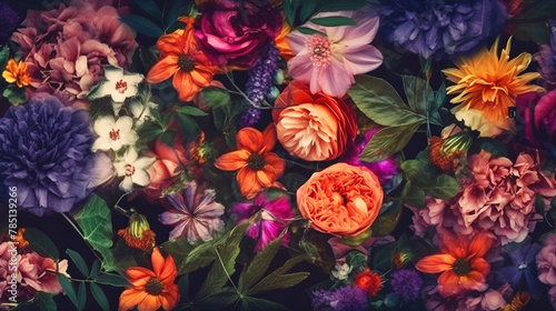 Texture of live mixed european multicolored blooming flowers for background, wallpaper. AI generated.