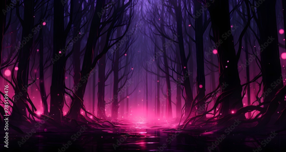 AI generated illustration of a mysterious forest with glowing lights
