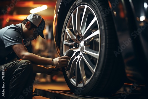 Car mechanic working on a car wheel in auto repair service station.