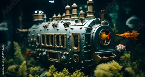 AI generated illustration of fish swimming around a steam engine in a tank photo