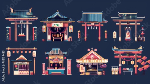 An illustration of a gaming booth  Japanese cuisines  and performances at a summertime fete isolated on dark blue background.