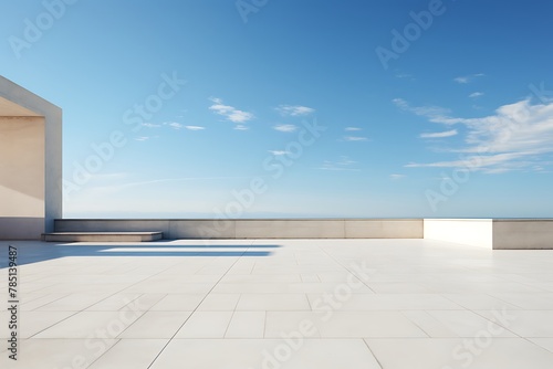 empty concrete terrace with sea view and blue sky, 3d rendering