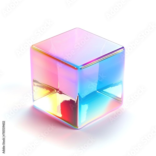 A 3D illustration of a holographic cube with a spectrum of iridescent colors