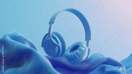 An advertising campaign for wireless over-ear headphones displayed against a blue background with floating fabric. photo