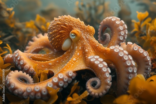 AI generated illustration of a solitary octopus resting among aquatic plants underwater