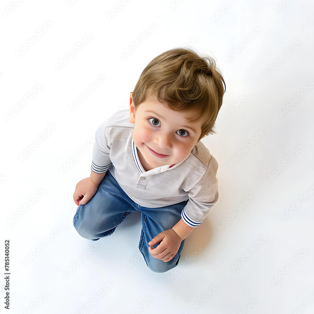 Cute smiling baby squatting and looking up, top view. Cute smiling baby squatting and looking up, top view.