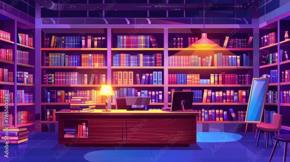 Library or school interior at night. Illustration showing wooden cabinets, rows of books on shelves, a desk with a lighted lamp and laptop, chairs, and armchairs. Library or school interior at night. Illustration showing wooden cabinets, rows of books on shelves, a desk with a lighted lamp and laptop, chairs, and armchairs.