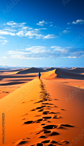 A person is walking through a desert with a blue sky in the background