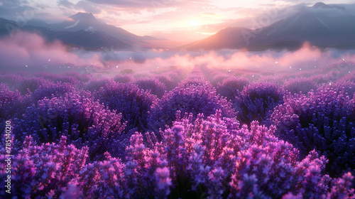 AI generated illustration of purple flowers in sunset light with mountain backdrop and cloudy sky