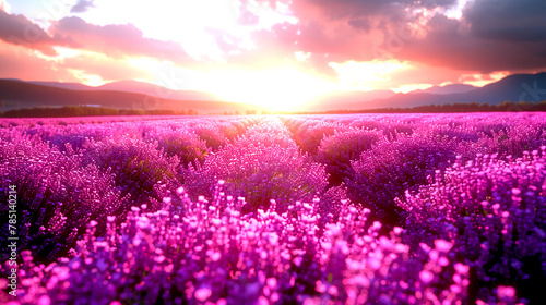 AI generated illustration of vibrant purple flowers in a field under a cloudy sky