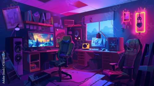 A cartoon dark house inside with a gamer computer and headphones, a giant television on the wall, and a console with a gamepad. A bright neon sign of joysticks is on the wall.