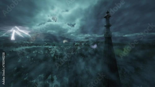 An abandoned castle stands amidst misty, deserted toxic marshes. The gloomy forest surrounds the mysterious tower.