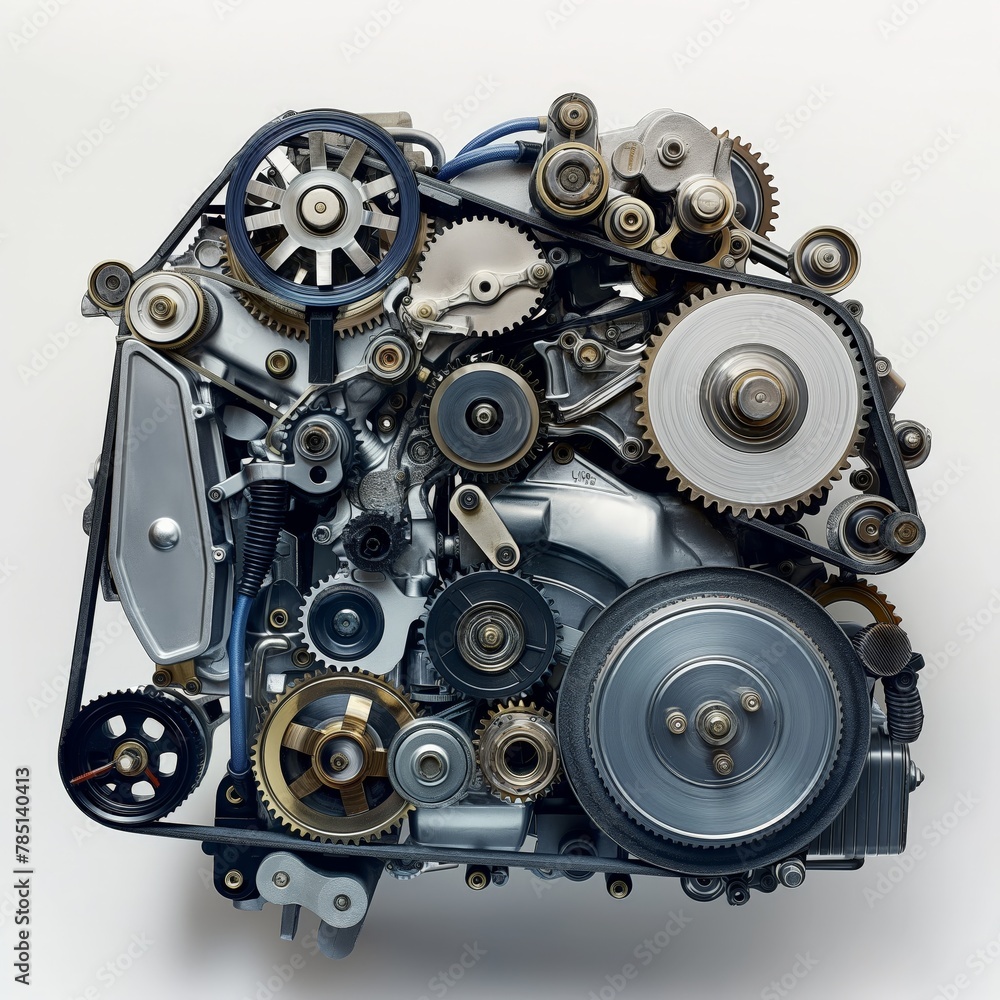 Detailed view of a car engine showcasing various mechanical parts and intricate design.