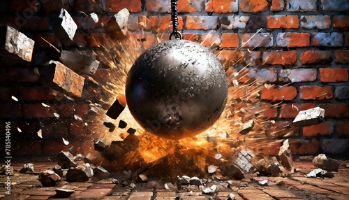 Obraz na płótnie wrecking ball smashing a brick wall w salonie