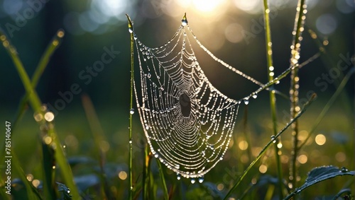 dew on spider web in the grass by trees with sunlight coming through