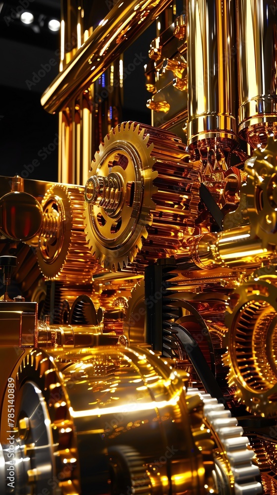 A car engine made of pure gold, with golden gears and cogs working together to power the vehicles drive train The intricate details include various shiny metallic components that create an elegant yet