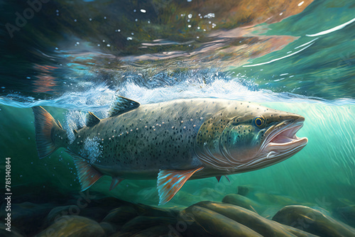 Live trout in the natural environment, in the sea background of waves and stones. AI generated.
