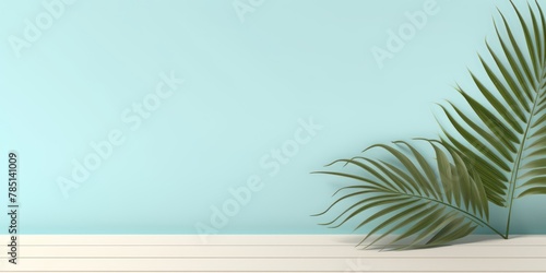 Cyan background with palm leaf shadow and white wooden table for product display  summer concept. Vector illustration  isolated on pastel background