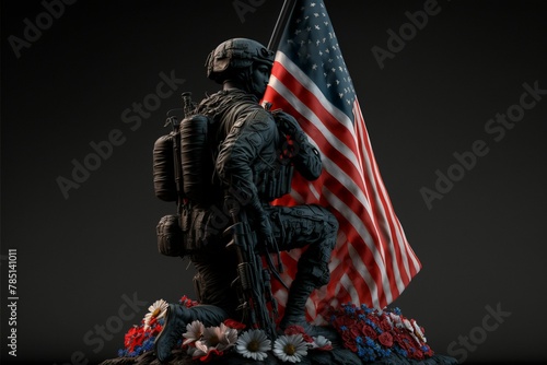 a statue of a soldier with an american flag on his shoulders