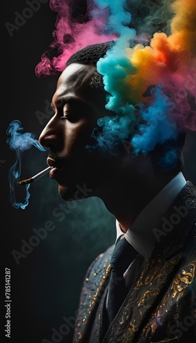 a man with colorful smoke coming out of his mouth to the side