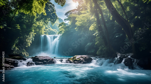 Natural waterfall background with trees and rocks view of waterfall in the mountains in a sunny day nature photography photo