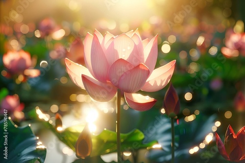 a beautiful lotus plant sitting in the middle of the sun
