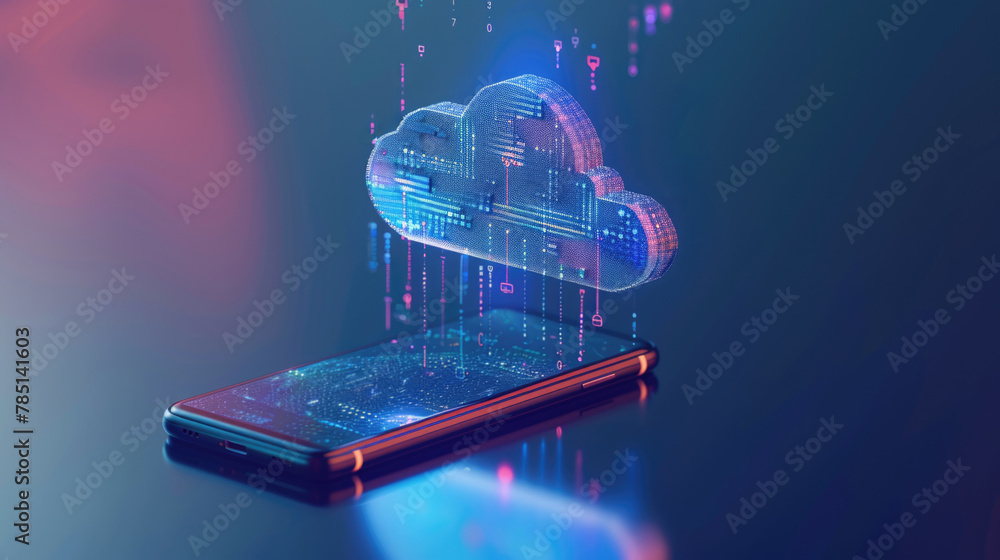 Smartphone transferring files to the cloud file and data storage. Cloud ...