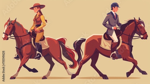 Various equestrian school and racehorse training concepts. Cartoon modern illustration set showing male and female characters riding horses with helmets and uniforms.