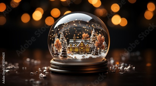 A Christmas snow globe with a tree and house inside