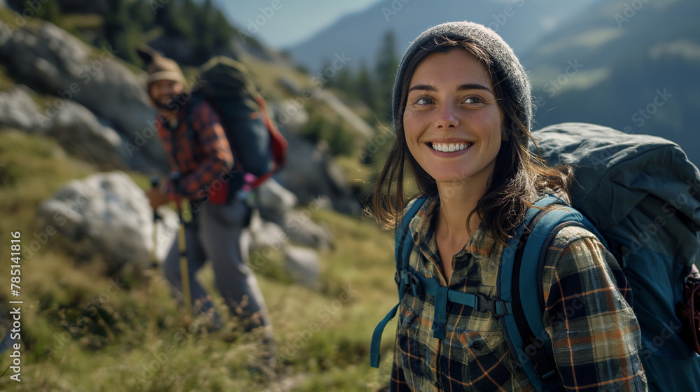 Front view of a young happy smiling, loving hiking couple of a girl & a boy with backpacks in a mountain forest background. Outdoor adventure, traveling, enjoying nature concept.