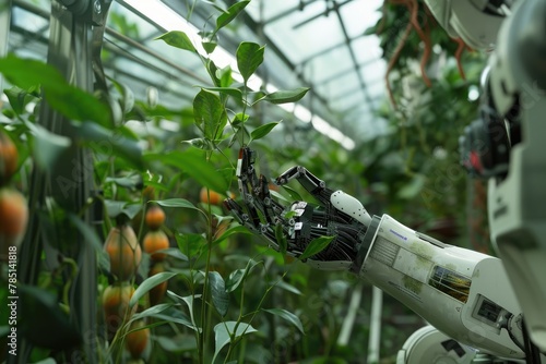 robots work for people. the robot works in a greenhouse with plants. robot hand touches plant leaves