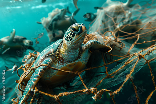 AI-generated illustration of A sea turtle resting on a fishing net in the ocean