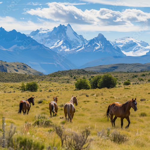 Horses roam freely amidst the rugged terrain of the mountains, their graceful presence adding to the breathtaking beauty of the natural landscape as they graze and explore their surroundings.