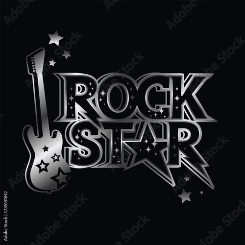 Lettering poster with text Rock star and guitar illustration. Music T-shirt Design with Words print silver on black background