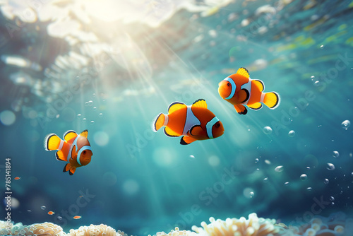 A vibrant underwater scene featuring a colorful coral reef with various tropical fish swimming through the clear blue water