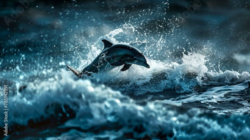 AI generated illustration of a dolphin jumping over a wave in the ocean