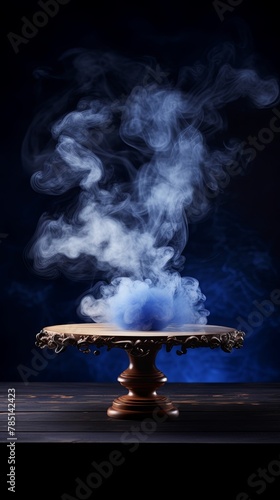 indigo background with a wooden table and smoke. Space for product presentation, studio shot, photorealistic