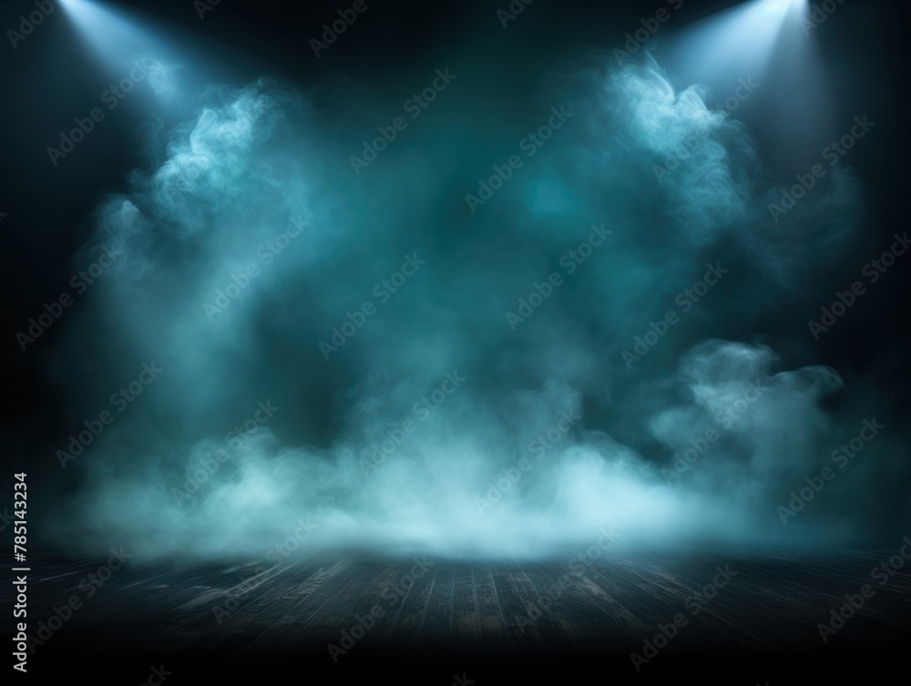 Cyan stage background, cyan spotlight light effects, dark atmosphere, smoke and mist, simple stage background, stage lighting, spotlights