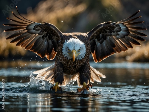 Majestic eagle flapping its wings in water, holding a fish, AI-generated.