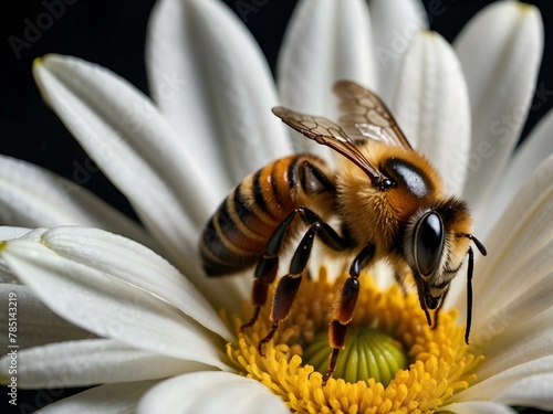 Closeup of a bee collecting nectar from a white flower, AI-generated.
