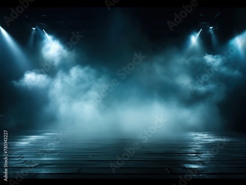 Cyan stage background, cyan spotlight light effects, dark atmosphere, smoke and mist, simple stage background, stage lighting, spotlights