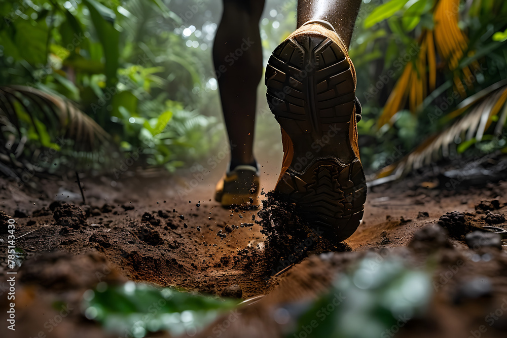 Close-up at the runner feet is running on the dirt route at the jungle. Close-up at the runner feet is running on the dirt route at the jungle.