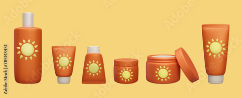 3D SPF sunscreen beauty cosmetic set. Different sunblock makeup packagings: cream bottle jar, lotion tube, spray. Sun safety UV lights skin care protection. Summer beach beauty cosmetic collection.