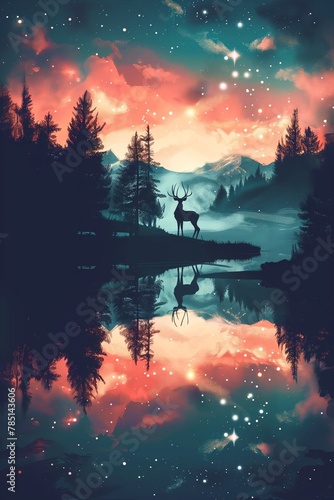 AI generated illustration of a deer standing at the edge of a great lake under that starry night sky © Wirestock