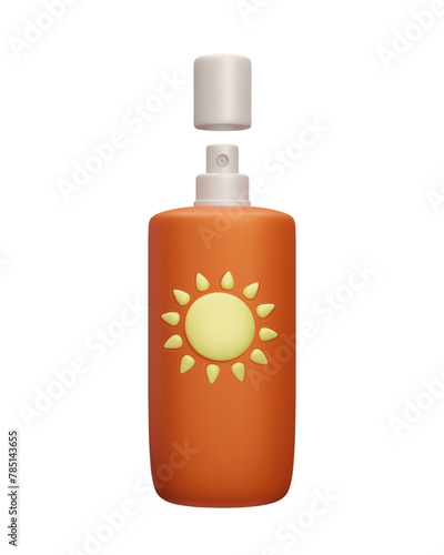 3D sunscreen spray bottle vector illustration. Cartoon style orange SPF sunblock cosmetic product. Summer skincare cosmetic beauty treatment. Sun safety healthcare makeup cosmetic product 3D vector.