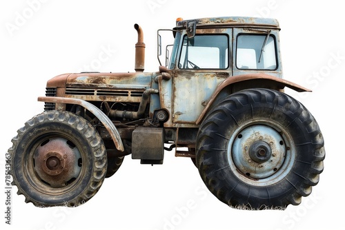 An isolated old, rusty tractor with faded paint, exemplifying rural decay and agricultural history.