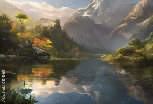 AI generated illustration of a scenic mountain painting with cloudy sky and lake below