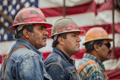 Three construction workers in hard hats with an American flag background