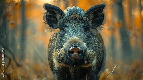 AI generated illustration of a wild boar stares at camera in forest © Wirestock