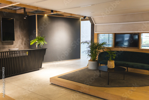 No one is present in this modern office lounge with plants and sofa